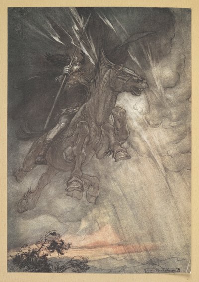 "Enragé, Wotan chevauche vers le Rocher ! Comme un vent de tempête il arrive !" - Arthur Rackham