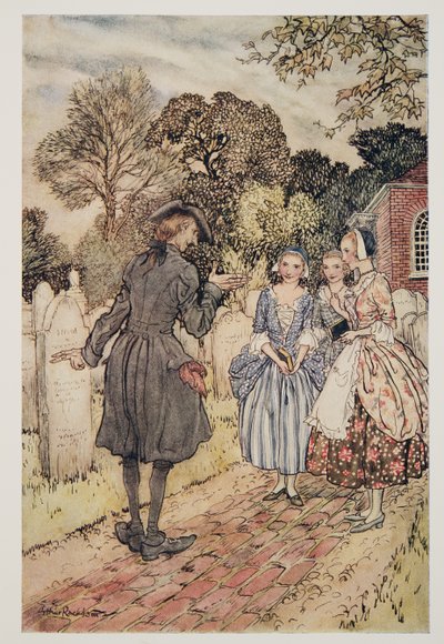 Récitant pour leur amusement toutes les épitaphes sur les pierres tombales, de La Légende de Sleepy Hollow par Washington Irving (1783 - 1859), pub. 1928 - Arthur Rackham