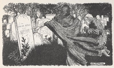 Scrooge et un fantôme dans un cimetière la nuit - Arthur Rackham