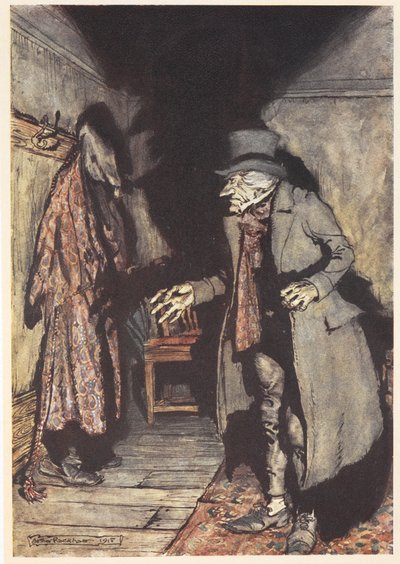 Scrooge dans sa maison la nuit - Arthur Rackham