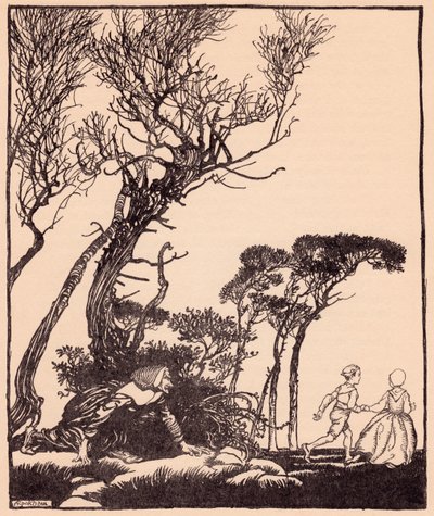 Elle les suivit secrètement, comme les sorcières le font. Illustration par Arthur Rackham du Conte de Grimm Petit Frère et Petite Sœur. - Arthur Rackham