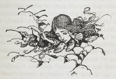 Alice rétrécie après avoir mangé un morceau du champignon de la Chenille - Arthur Rackham