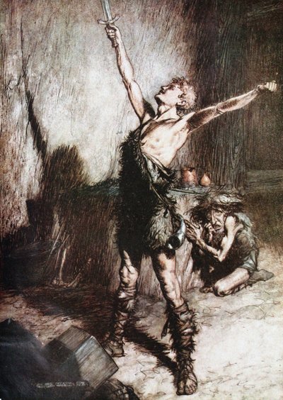 Siegfried forge son épée. Illustration pour Siegfried et Le Crépuscule des dieux de Richard Wagner - Arthur Rackham