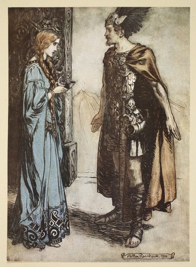 Siegfried rend la corne à boire à Gutrune et la regarde avec une passion soudaine, illustration de 