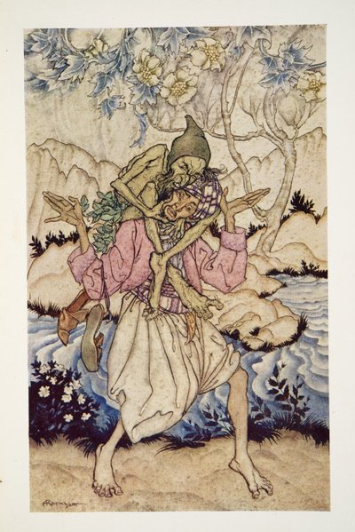 Sinbad portait le Vieil Homme de la Mer sur ses épaules, de The Arthur Rackham Fairy Book, pub. 1933 - Arthur Rackham