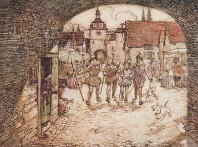 Alors les quatre frères prirent leurs bâtons en main, dirent au revoir à leur père et quittèrent la porte de la ville, des Contes de fées des frères Grimm, pub. 1909 - Arthur Rackham