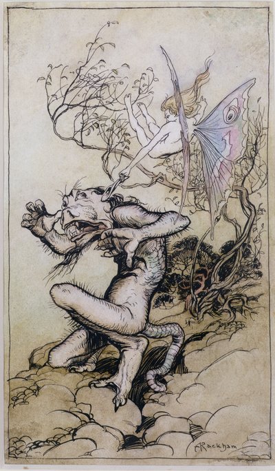 Sprite et monstre, une illustration de Contes de Shakespeare par Charles (1775-1834) et Mary Lamb (1764-1847) 1909 - Arthur Rackham