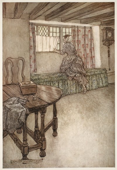 Des noms étranges étaient sur les portes - des visages étranges aux fenêtres - tout était étrange., de Rip Van Winkle par Washington Irving, pub. 1910 - Arthur Rackham
