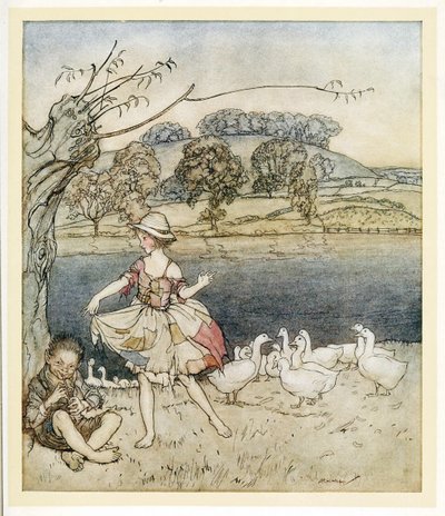 Tattercoats dansant pendant que le gardien des oies joue de la flûte, des Contes de Fées Anglais - Arthur Rackham
