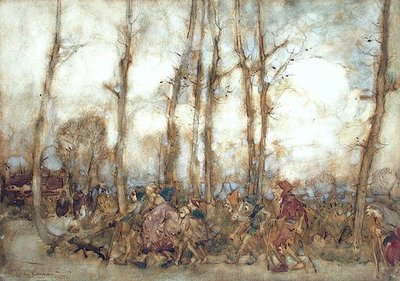 Les mendiants arrivent en ville - Arthur Rackham
