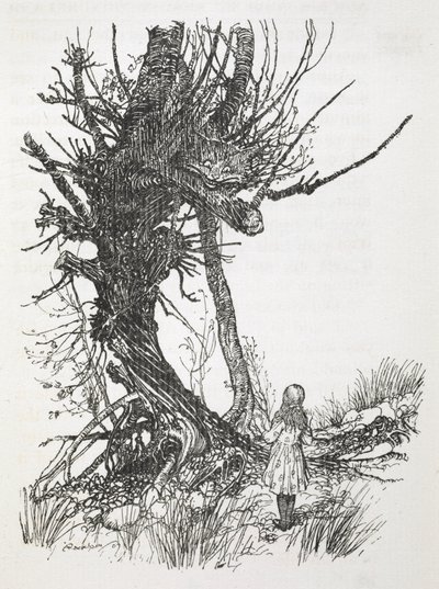 Le Chat du Cheshire dans un arbre regardant Alice - Arthur Rackham