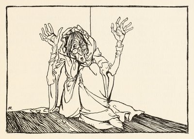 La sorcière était assise contre le mur de La frénésie de Morgan dans Contes de fées irlandais - Arthur Rackham