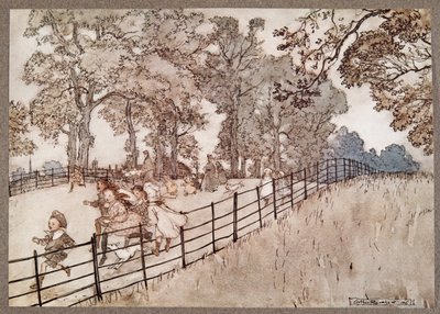 La bosse qui est la partie de la grande allée où se déroulent toutes les grandes courses, de Peter Pan dans les jardins de Kensington par J M Barrie, pub. 1906 - Arthur Rackham