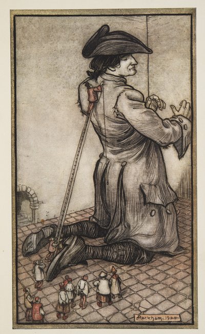 Les tailleurs lilliputiens mesurent Gulliver pour un nouveau costume, de Les Voyages de Gulliver par Jonathon Swift (1667 - 1745), pub. 1909 - Arthur Rackham