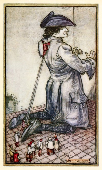 Les tailleurs lilliputiens mesurent Gulliver pour un nouveau costume de la Partie I : Un voyage à Lilliput dans Les Voyages de Gulliver par Jonathan Swift - Arthur Rackham