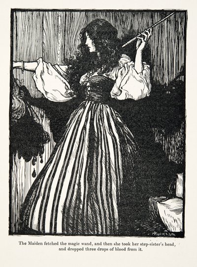 La jeune fille alla chercher la baguette magique, puis elle prit la tête de ses demi-sœurs et fit tomber trois gouttes de sang, des Contes de fées des frères Grimm, pub. 1909 - Arthur Rackham
