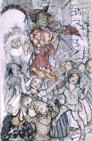 Le Joueur de flûte de Hamelin, illustration du poème de Robert Browning (1812-89) pub. 1934 - Arthur Rackham