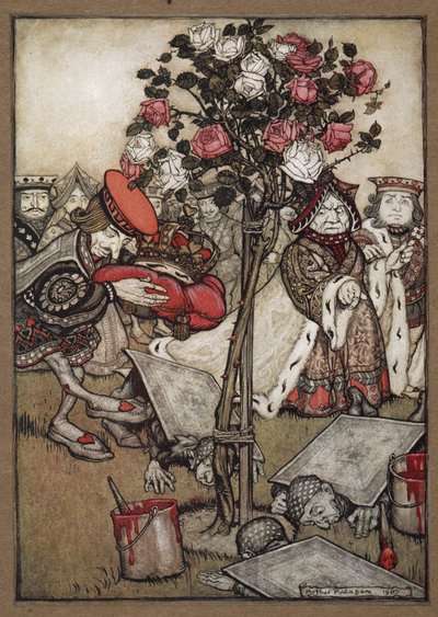 La Reine, le Roi et le Valet de Cœur passant les hommes déguisés en cartes peignant le rosier en rouge - Arthur Rackham