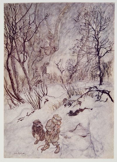 Le Rat réfléchit un moment et examina les bosses et les pentes qui les entouraient, de Wind in the Willows par Kenneth Grahame (1859 - 1932), pub. 1940 - Arthur Rackham