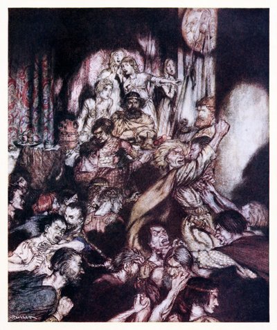 La salle de banquet était en tumulte de La petite bagarre dans Contes de fées irlandais - Arthur Rackham