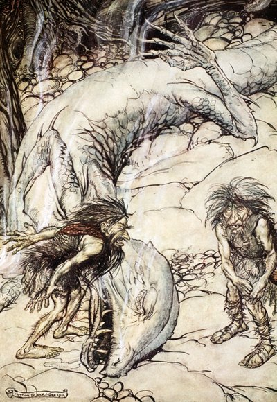Les nains se disputant le corps de Fafner, 1924 - Arthur Rackham