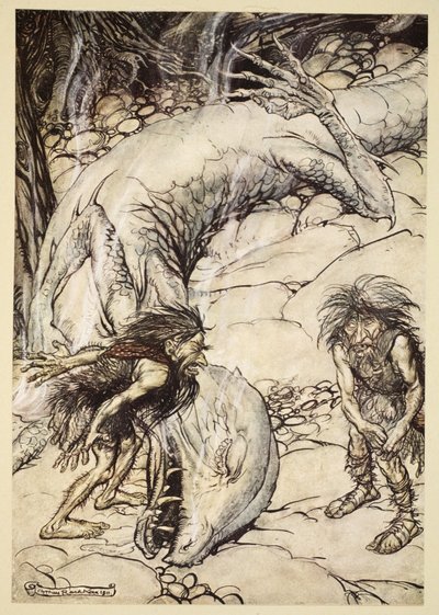 Les nains se querellant sur le corps de Fafner, illustration de 