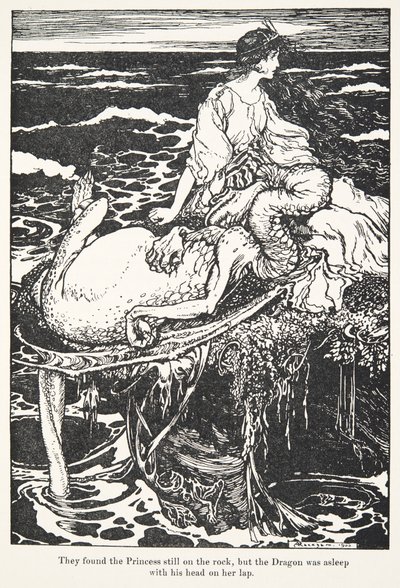 Ils trouvèrent la princesse encore sur le rocher, mais le dragon dormait la tête sur ses genoux, des Contes de fées des frères Grimm, pub. 1909 - Arthur Rackham