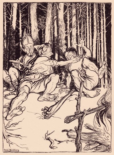 Le géant donna une gifle à celui qui était assis à côté de lui. Illustration par Arthur Rackham du Conte de Grimm, Le Chasseur Habile. - Arthur Rackham