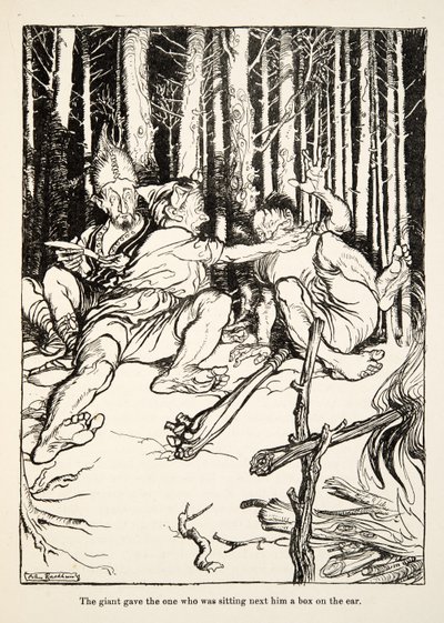 Le géant donna une gifle à celui qui était assis à côté de lui, de Petit Frère & Petite Sœur et autres contes par les frères Grimm, pub.1917 (litho) - Arthur Rackham