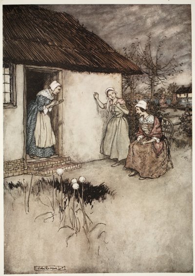 Les bonnes épouses du village ne manquaient jamais, dans leurs commérages du soir, de rejeter toute la faute sur Dame Van Winkle, de Rip Van Winkle par Washington Irving, pub. 1910 - Arthur Rackham