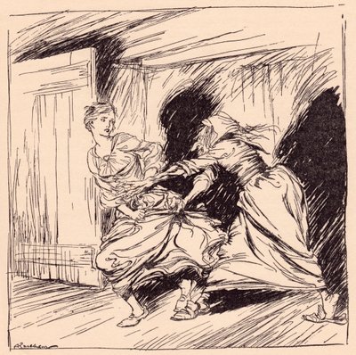 La vieille femme la saisit par la robe et essaya de la retenir. Illustration par Arthur Rackham du conte de fées de Grimm, L