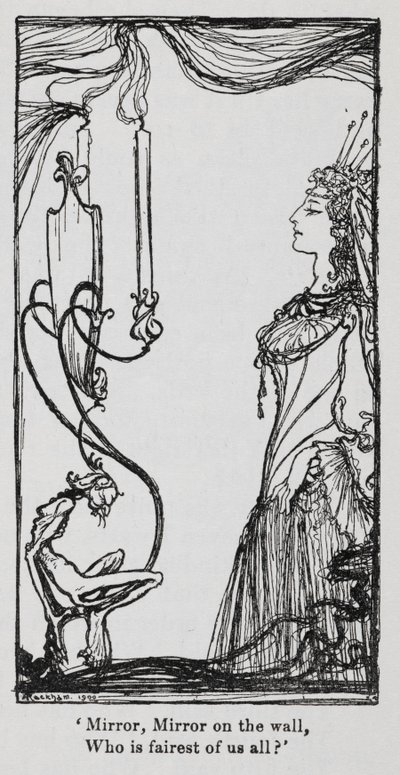 La méchante reine se regardant dans le miroir de Blanche-Neige - Arthur Rackham