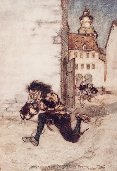 Puis il courut après lui, tenant toujours le couteau de cuisine, et cria : « Un seul, un seul ! », des Contes de fées des frères Grimm, pub. 1909 - Arthur Rackham
