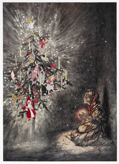 Là, elle était assise sous le magnifique sapin de Noël. Une jeune fille regardant un sapin de Noël illuminé. Illustration en couleur pour l