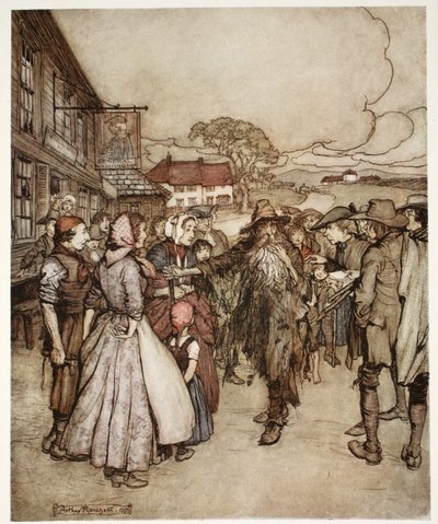Ils se pressaient autour de lui, le regardant de la tête aux pieds avec une grande curiosité, de Rip Van Winkle par Washington Irving, pub. 1910 - Arthur Rackham