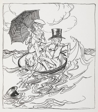 Trois hommes dans un bol sur la mer - Arthur Rackham