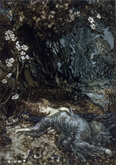 Titania la reine des fées dort. Illustration par Arthur Rackham pour Le Songe d