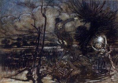 Deux personnages échouent à se noyer dans le marais, Puck les aide avec un feu. Illustration par Arthur RACKHAM pour Le Songe d