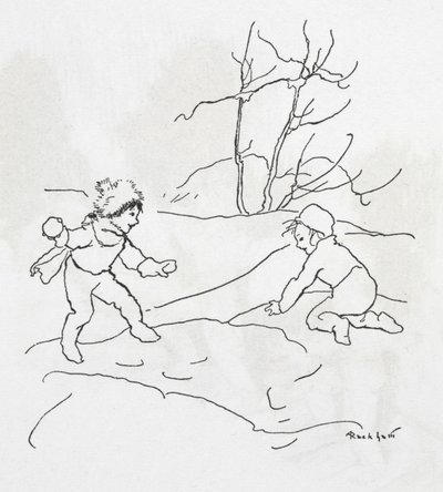 Deux enfants faisant une bataille de boules de neige - Arthur Rackham