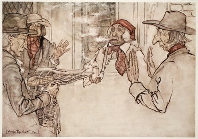 Quand quelque chose lui déplaisait, on le voyait fumer sa pipe avec véhémence, et envoyer de courts, fréquents et coléreux bouffées., de Rip Van Winkle par Washington Irving, pub. 1910 - Arthur Rackham