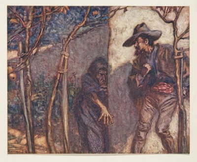 Quand il franchit le mur, il fut terrifié de voir la sorcière devant lui, des Contes de fées des frères Grimm, pub. 1909 - Arthur Rackham