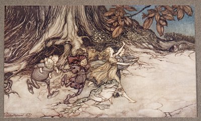 Quand ils pensent que vous ne regardez pas, ils sautillent assez vivement, de Peter Pan dans les jardins de Kensington par J M Barrie, pub. 1906 - Arthur Rackham