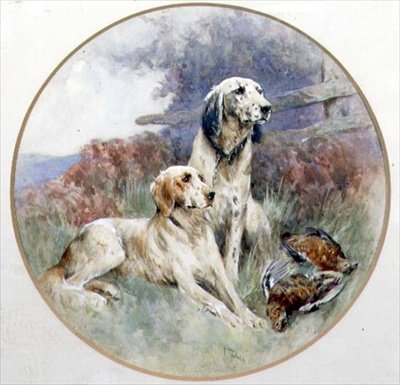 Un couple de setters gardant une paire de grouses - Arthur Wardle