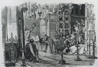 CHARLEMAGNE ou CHARLES I (742-814). Roi des Francs et des Lombards (768-814) et empereur romain germanique (800-814). Couronnement de Charlemagne comme empereur romain germanique (800). Gravure. - Artist Unknown