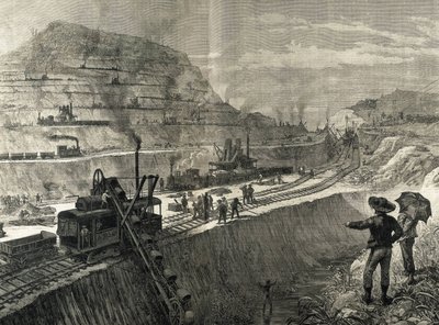 Construction du canal de Panama. Travaux de dragage dans le village de Culebra. Dessin original de Meltor Prior. Image publiée dans « The Illustrated London News ». Gravure. - Artist Unknown