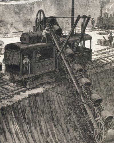 Construction du canal de Panama. Travaux de dragage dans le village de Culebra. Dessin original de Meltor Prior. Image publiée dans « The Illustrated London News ». Gravure. - Artist Unknown