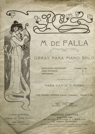 FALLA, Manuel de (1876-1946). Compositeur et pianiste espagnol. Œuvres pour piano solo et pour piano et voix. Édité à Madrid. - Artist Unknown