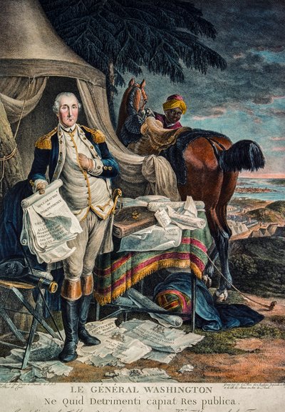 George Washington dans un camp de bataille tenant la Déclaration d
