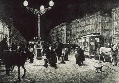 Madrid (1878). La Puerta del Sol éclairée par la lumière électrique. Illustration d