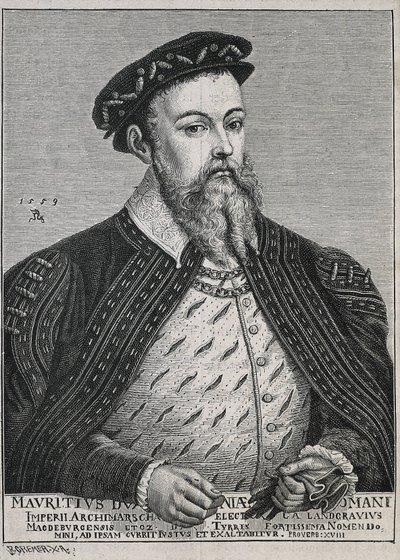 Maurice de Saxe (1521-1553). Duc (1541-47) et plus tard Électeur (1547-53) de Saxe. Protestant à partir de 1539. Portrait basé sur une peinture de Lucas Cranach. Gravure. - Artist Unknown